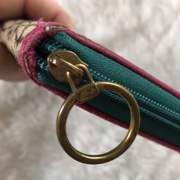 FOSSIL zip around coated canvas wallet teal pink - Picture 12 of 14